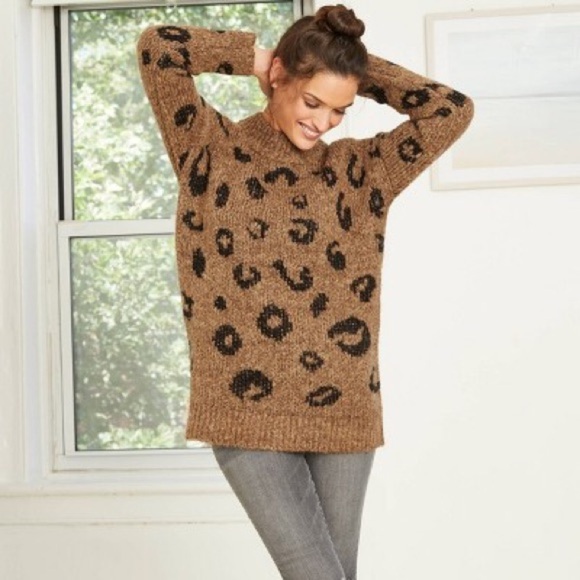 Oversized Chunky Knit Fuzzy Mock Neck Leopard Print Ribbed Trim Tunic Sweater M - Picture 1 of 6